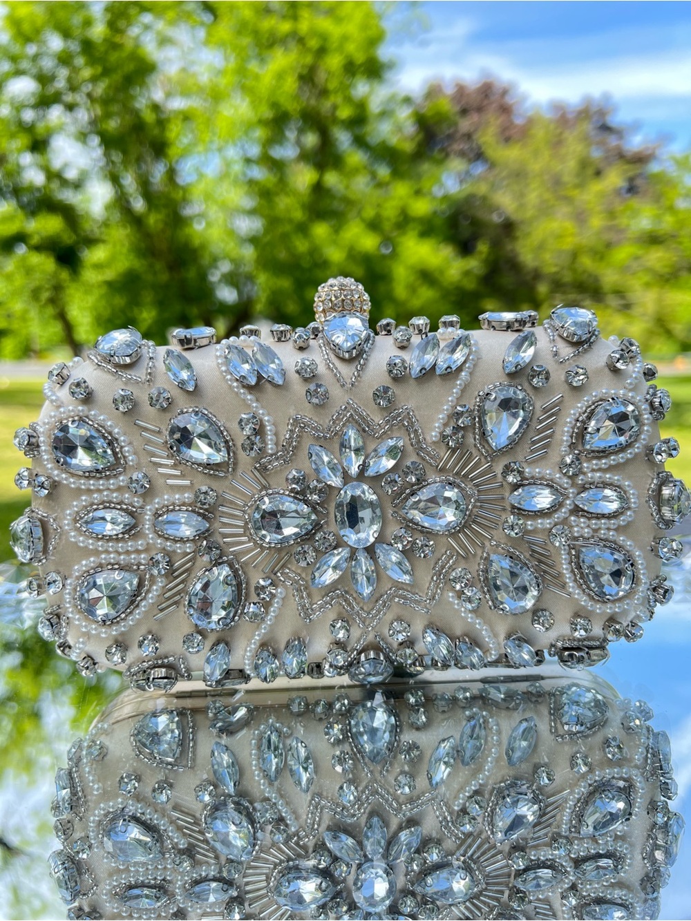 Embellished Crystal Clutch Bag in Ivory